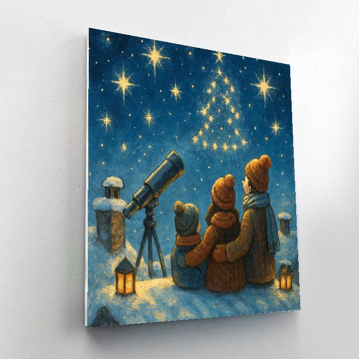 Snowy Stargazer Family On Rooftop Paint by numbers art