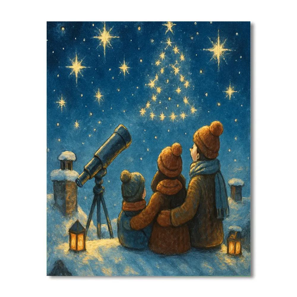 Snowy Stargazer Family On Rooftop Paint by numbers art