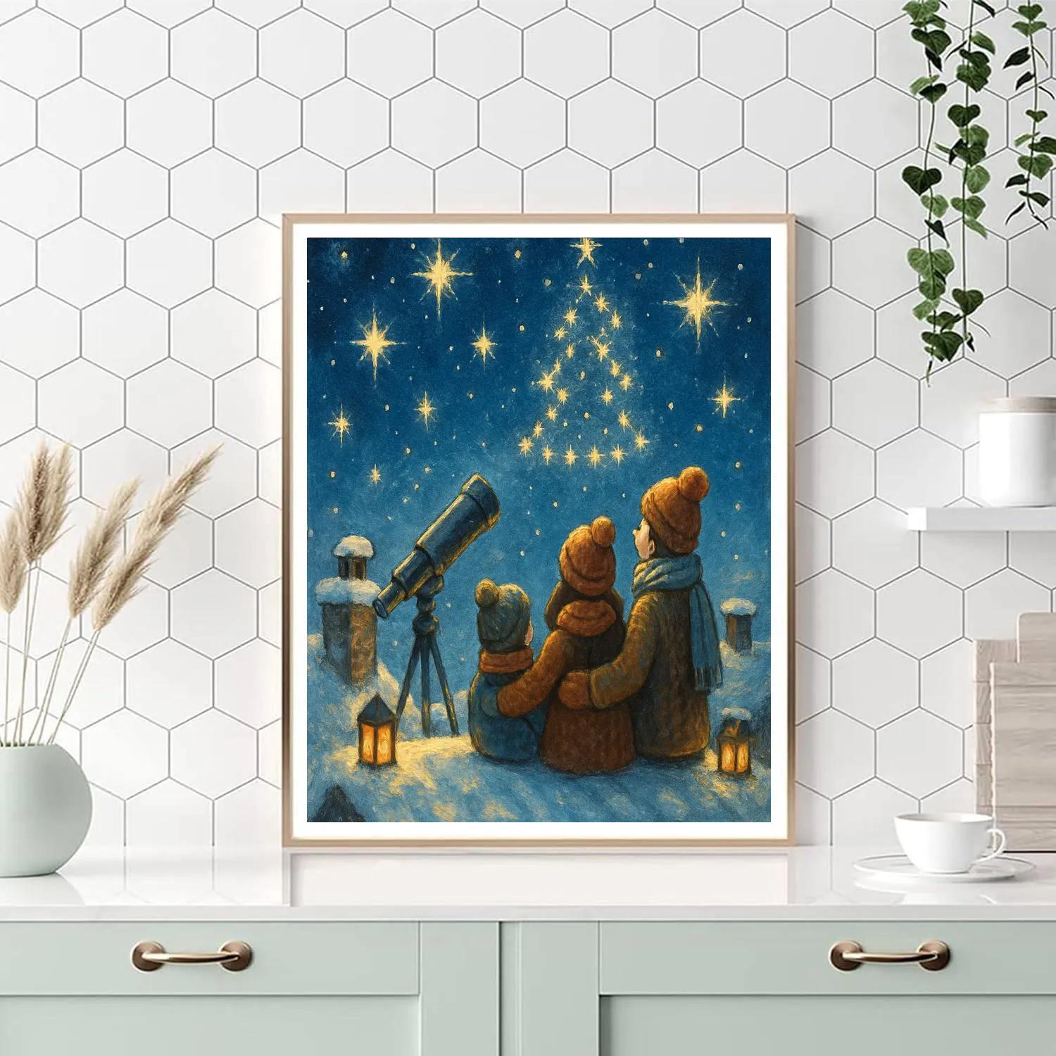 Snowy Stargazer Family On Rooftop Paint by numbers art