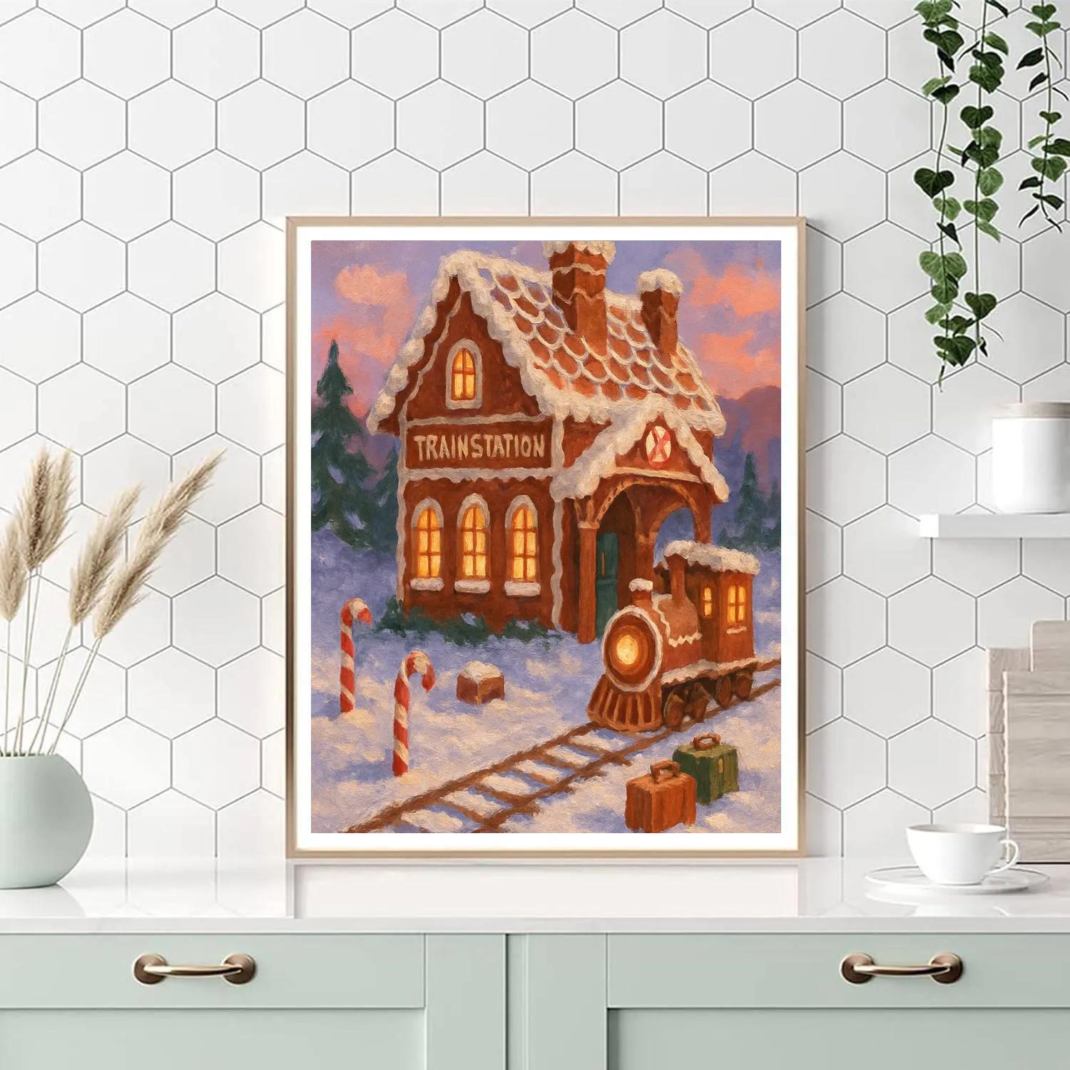 Gingerbread Train Station At Dusk paint by numbers