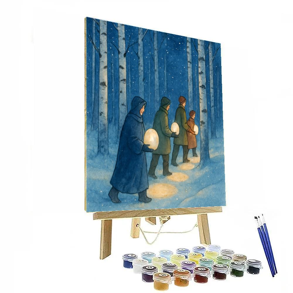Snow Lantern Procession In Birch Woods Numbered painting kits