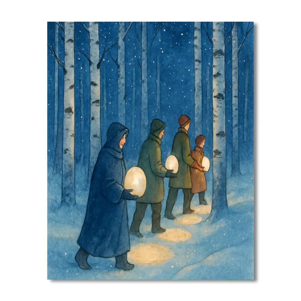 Snow Lantern Procession In Birch Woods Numbered painting kits