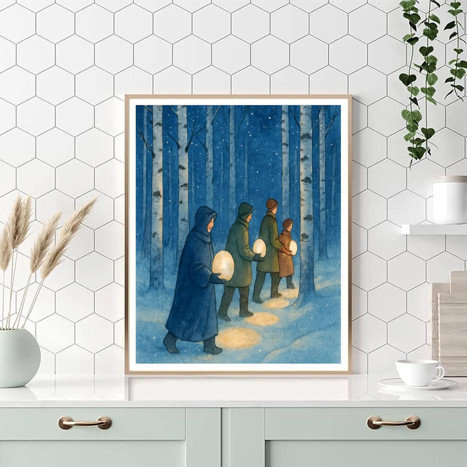 Snow Lantern Procession In Birch Woods Numbered painting kits