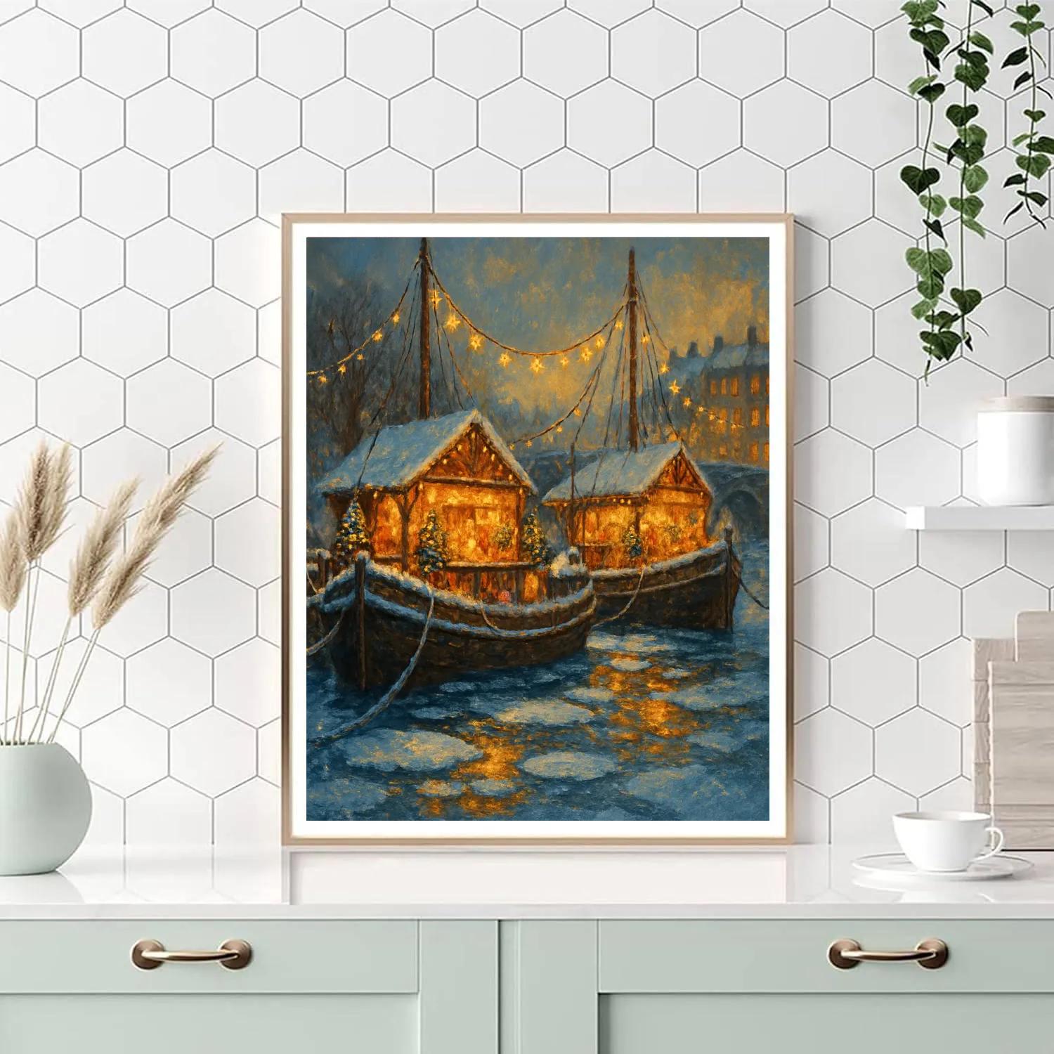 Frozen River Christmas Market Boats Paint by numbers kits