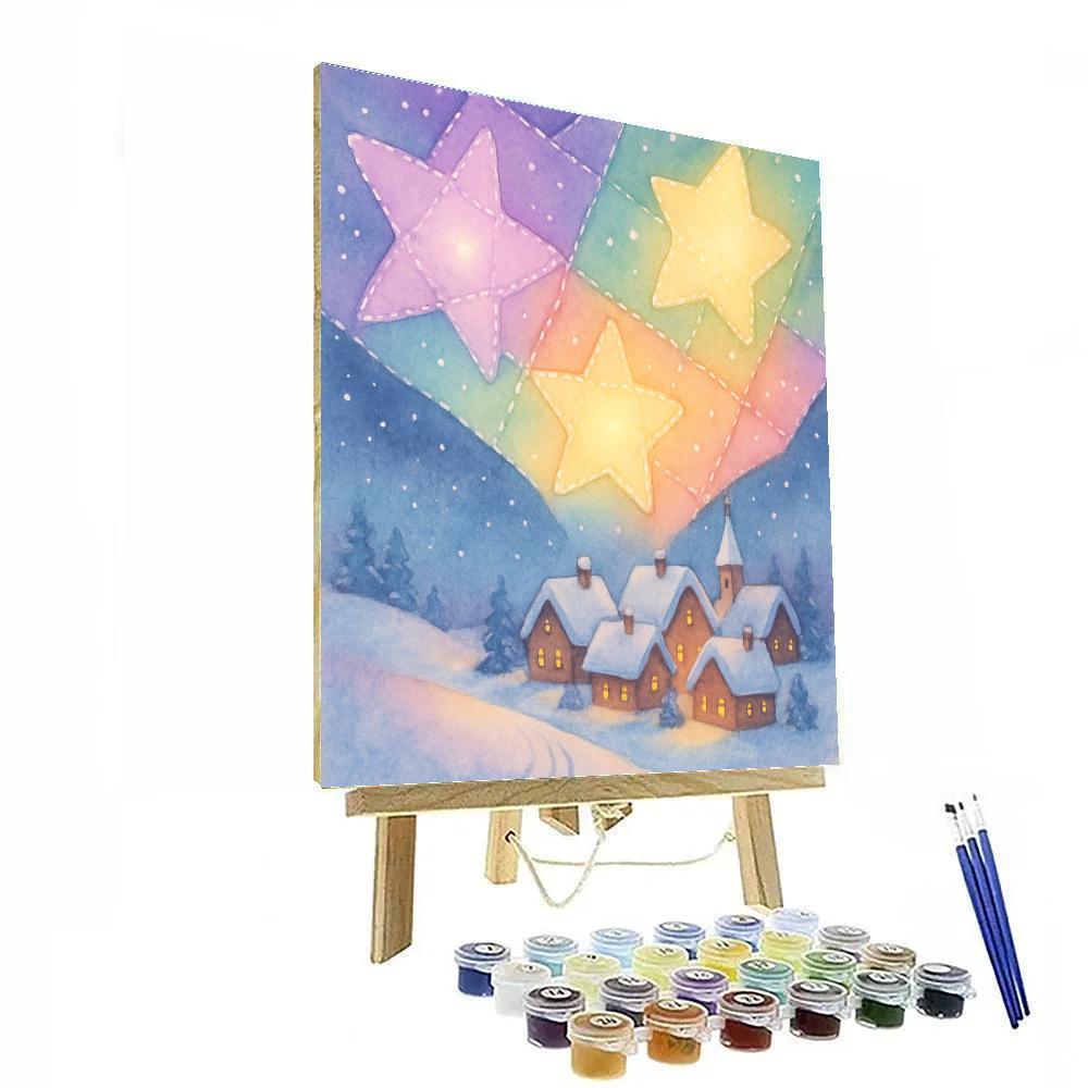 Winter Star Quilt Over Village Number painting