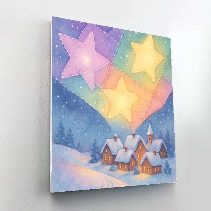 Winter Star Quilt Over Village Number painting