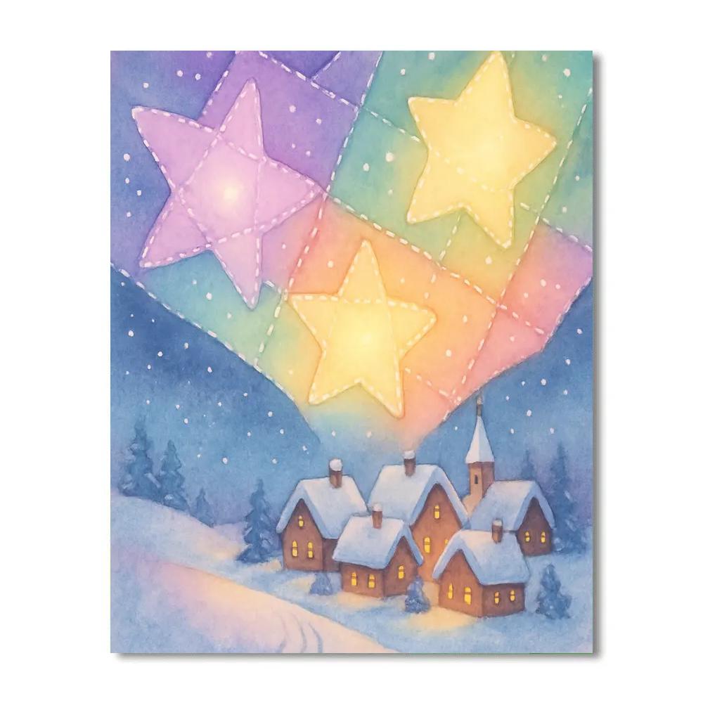 Winter Star Quilt Over Village Number painting