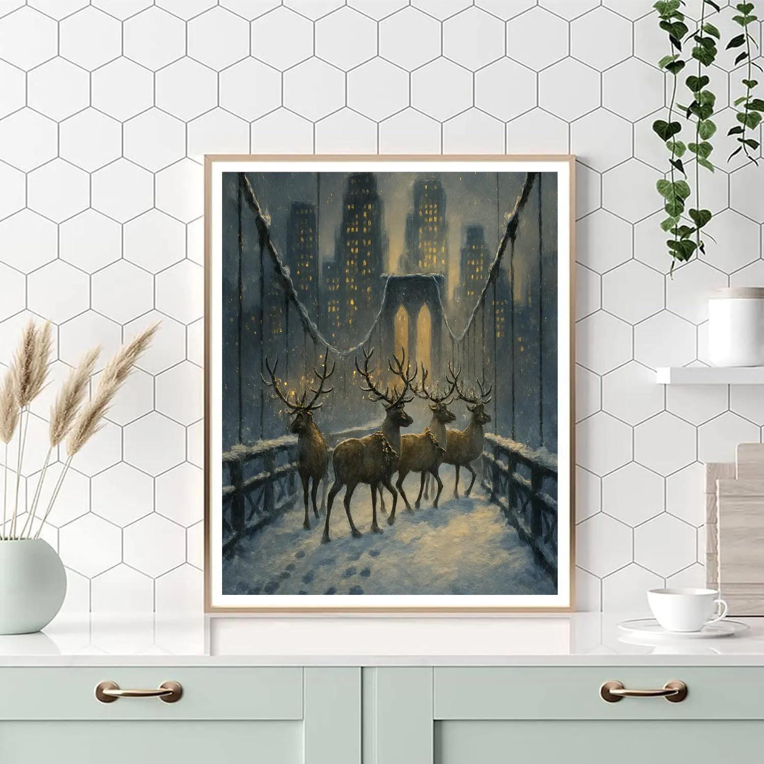 Holiday Reindeer Crossing City Bridge Paint by numbers art
