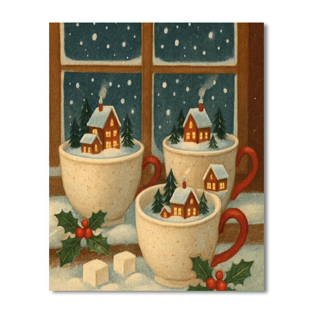 Christmas Teacup Village On Windowsill paint by numbers