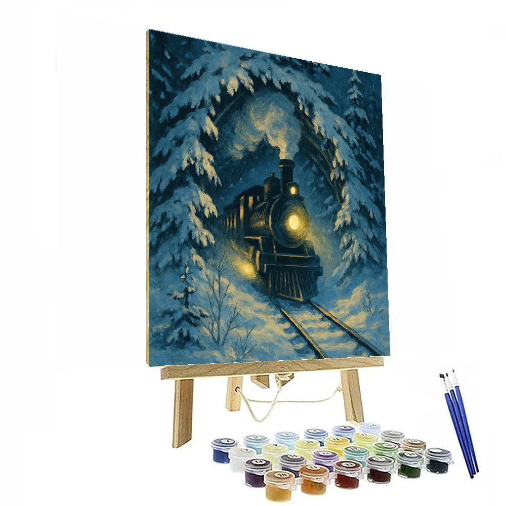 Snowy Train Through Pine Tunnel paint by color