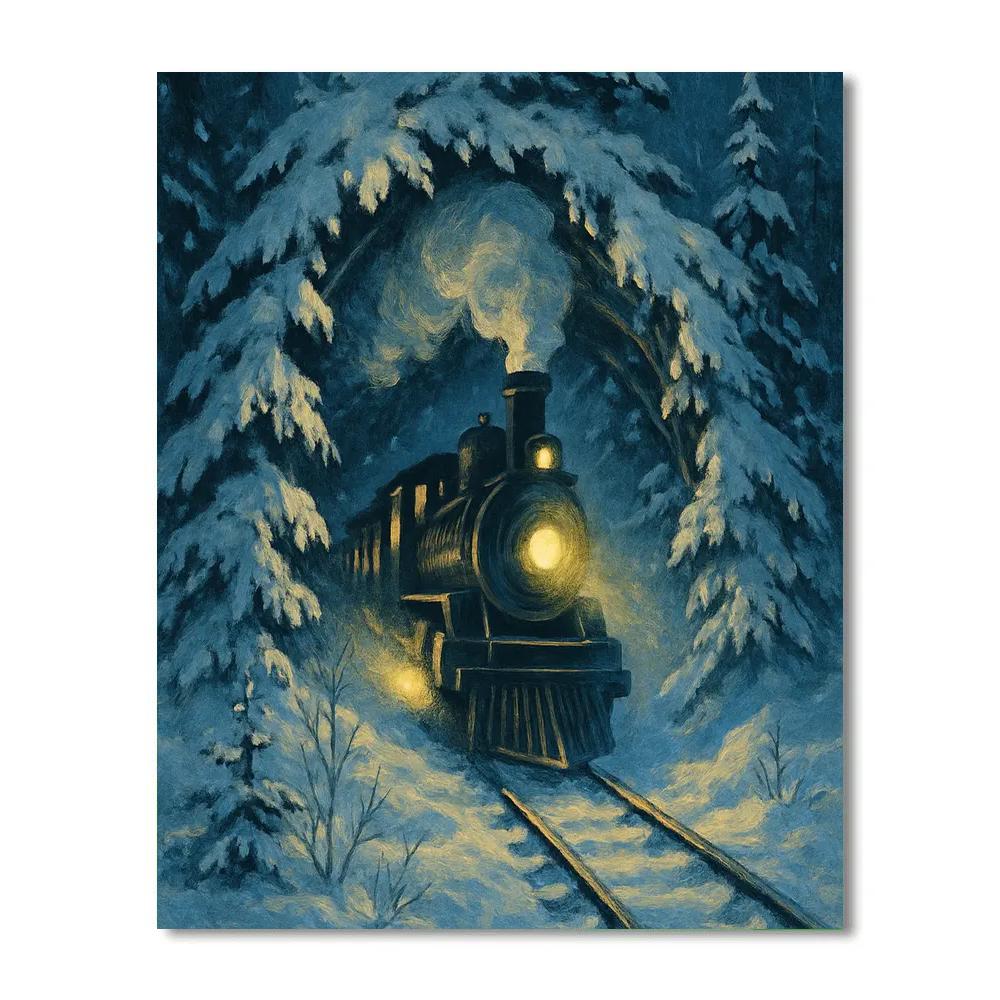 Snowy Train Through Pine Tunnel paint by color