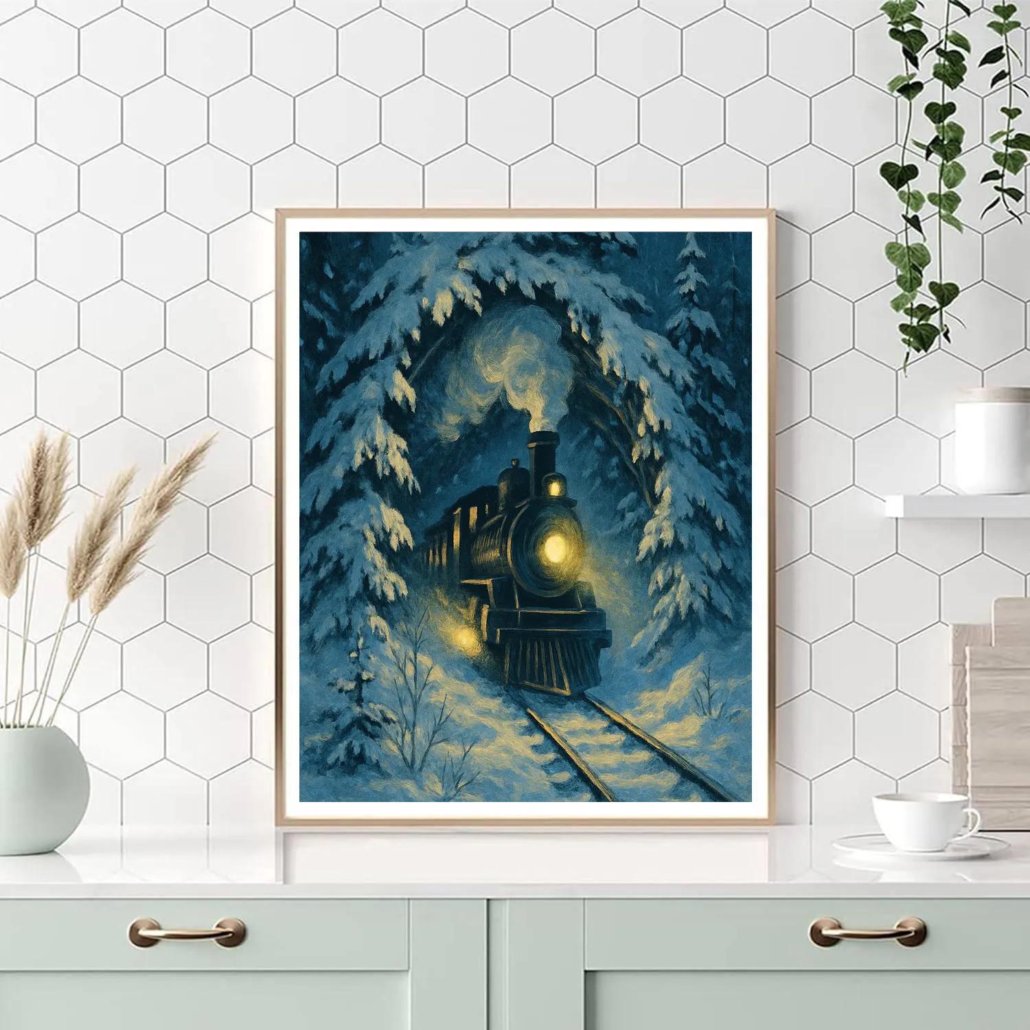 Snowy Train Through Pine Tunnel paint by color