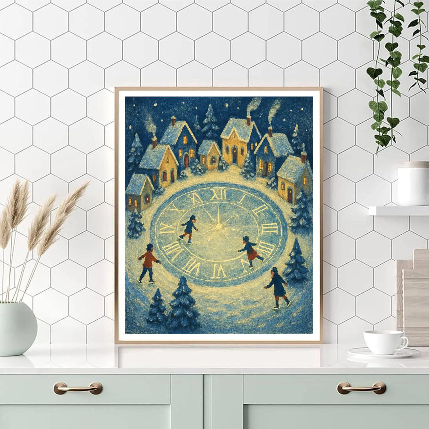 Snowy Village Around Frozen Clock Lake paint by number