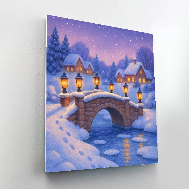 Frosty Lantern Bridge Over Winter River Paint by numbers art