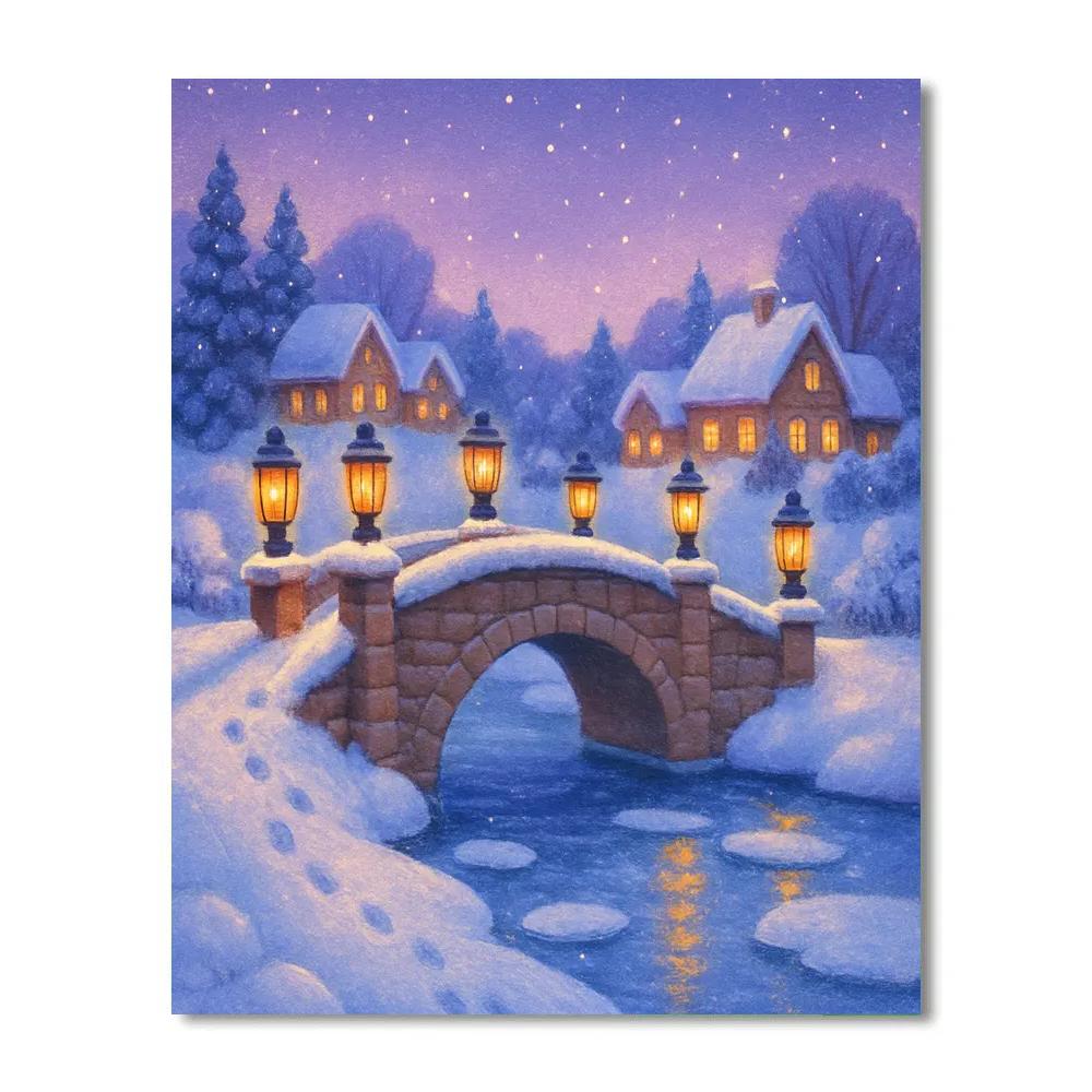 Frosty Lantern Bridge Over Winter River Paint by numbers art