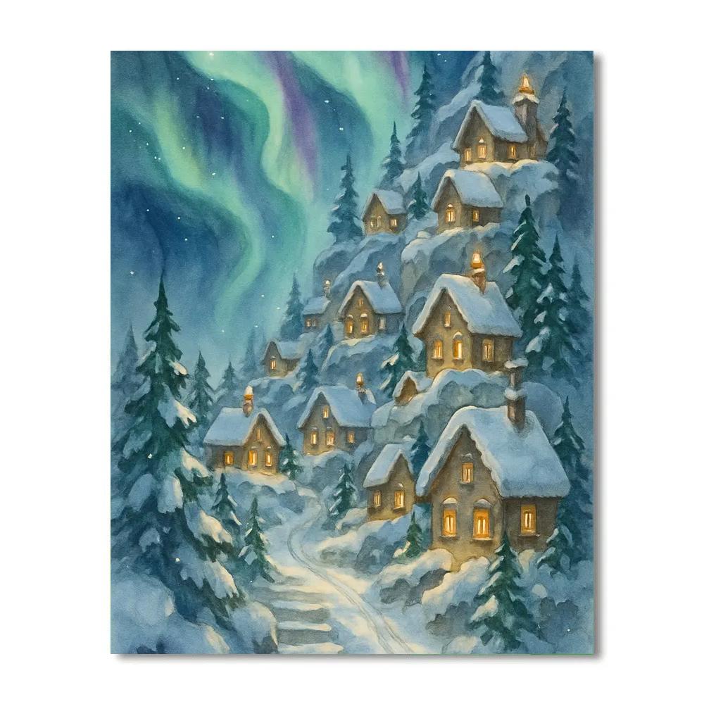Aurora Village On Snowy Cliffside Numbered painting kits