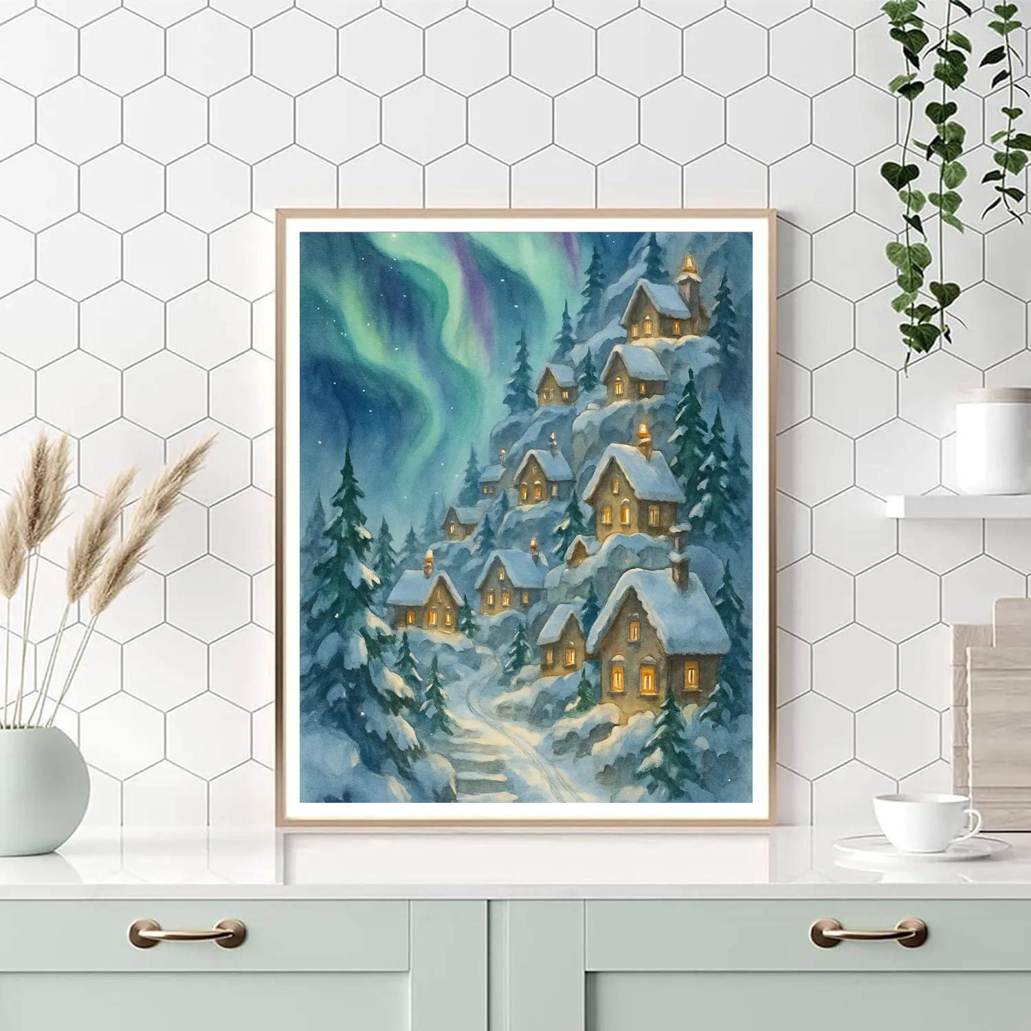 Aurora Village On Snowy Cliffside Numbered painting kits