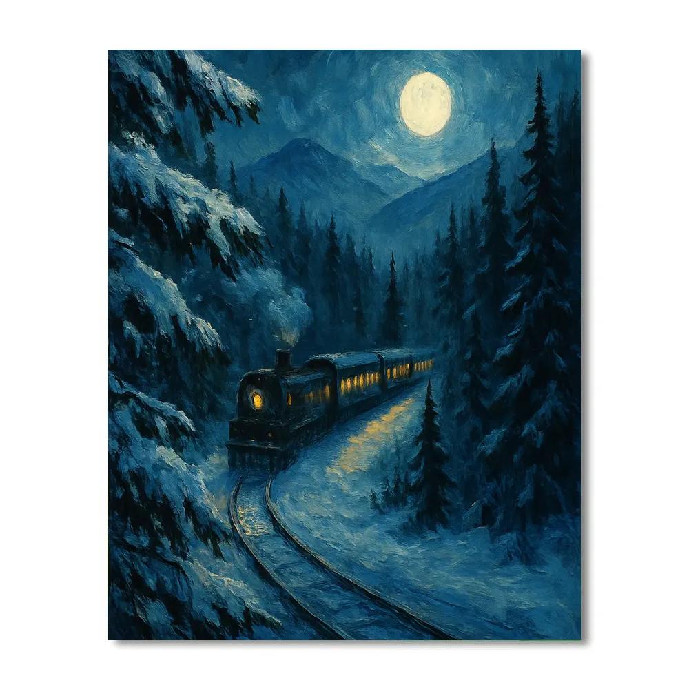 Winter Moonlight Train In Pine Valley paint by numbers