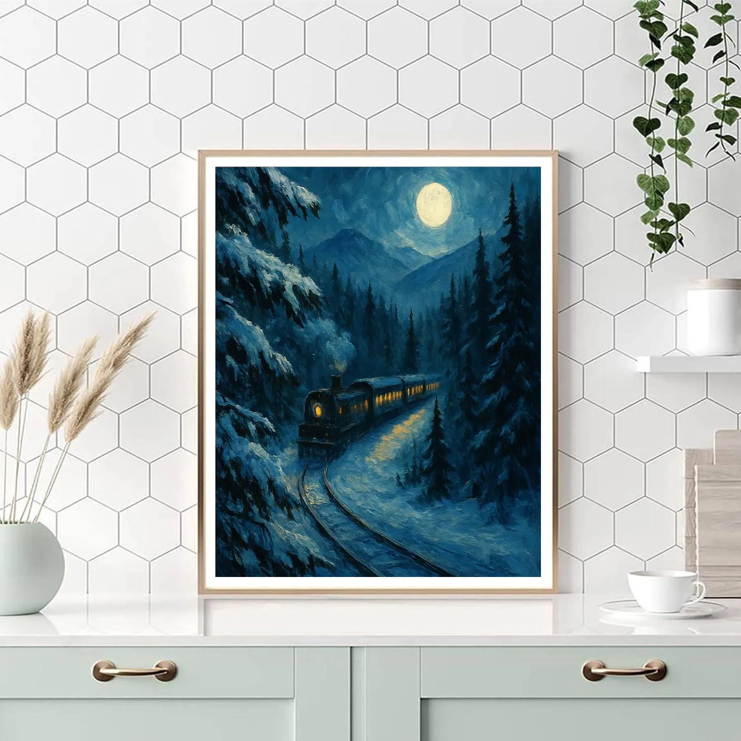 Winter Moonlight Train In Pine Valley paint by numbers