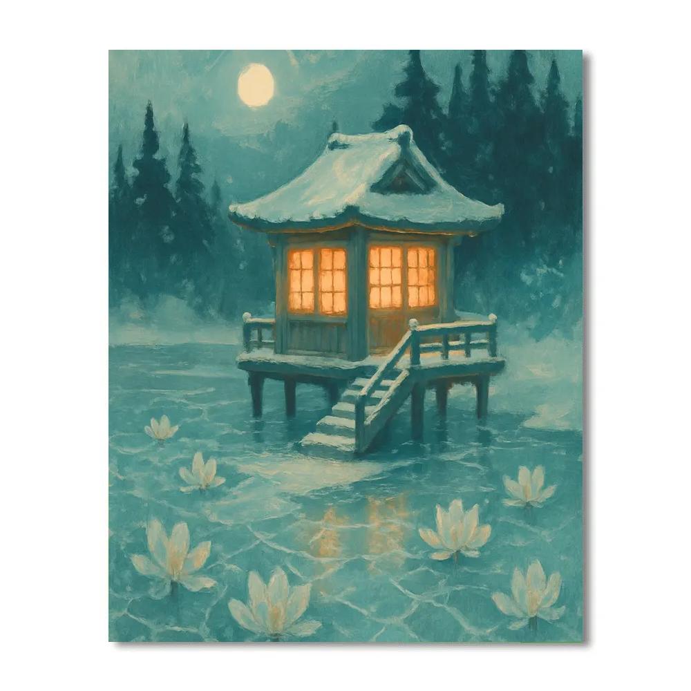 Winter Tea House On Frozen Lotus Lake painting number kit