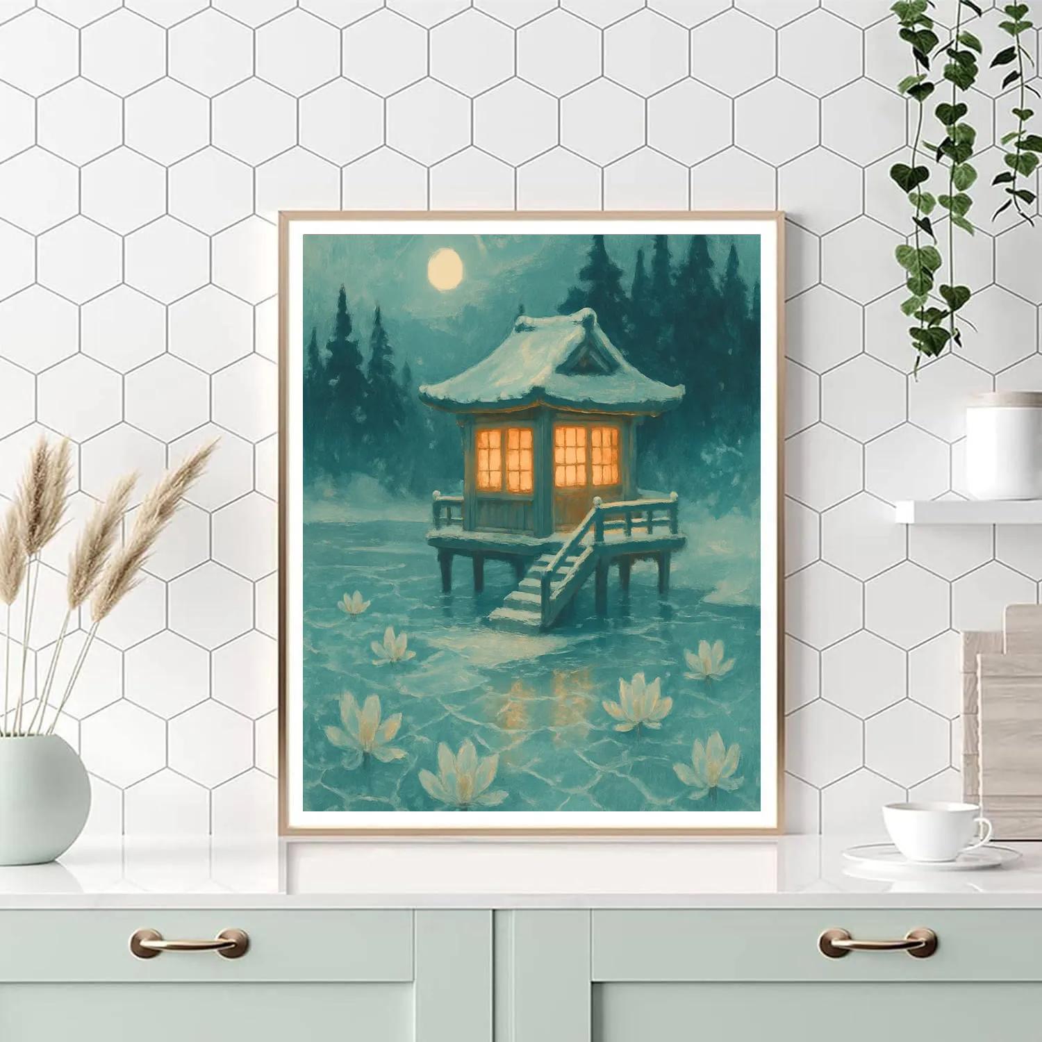 Winter Tea House On Frozen Lotus Lake painting number kit