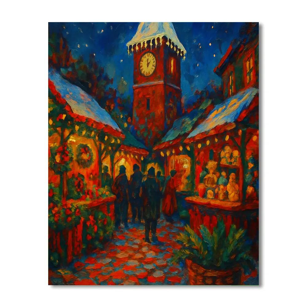 Snow Dusted Clocktower Christmas Market paint by number