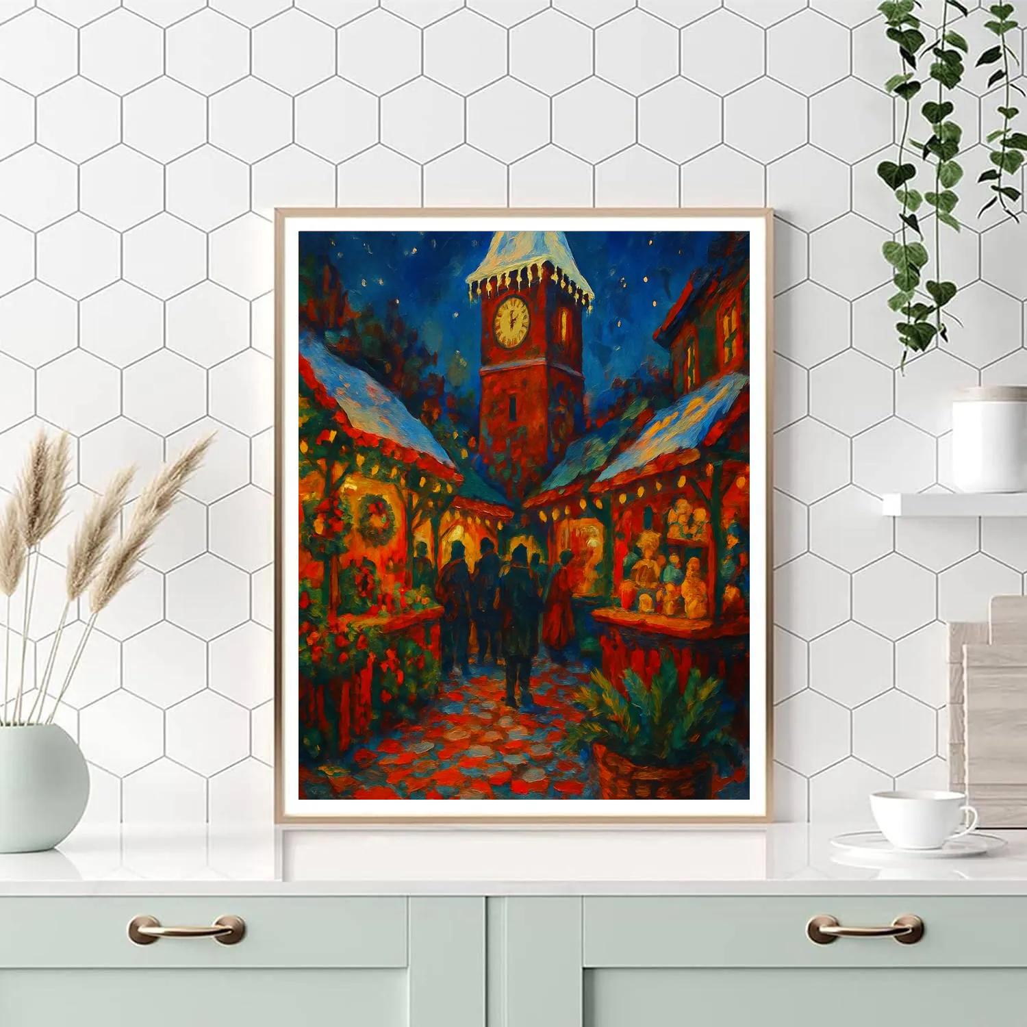 Snow Dusted Clocktower Christmas Market paint by number