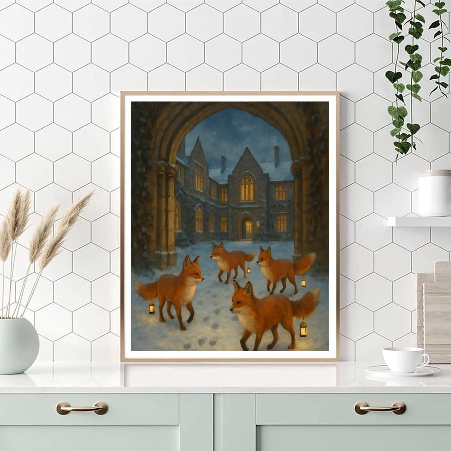 Christmas Lantern Foxes In College Quad paint by number