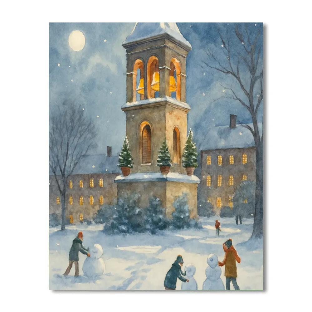 Snowy Bell Tower Over University Green Painting by numbers kit