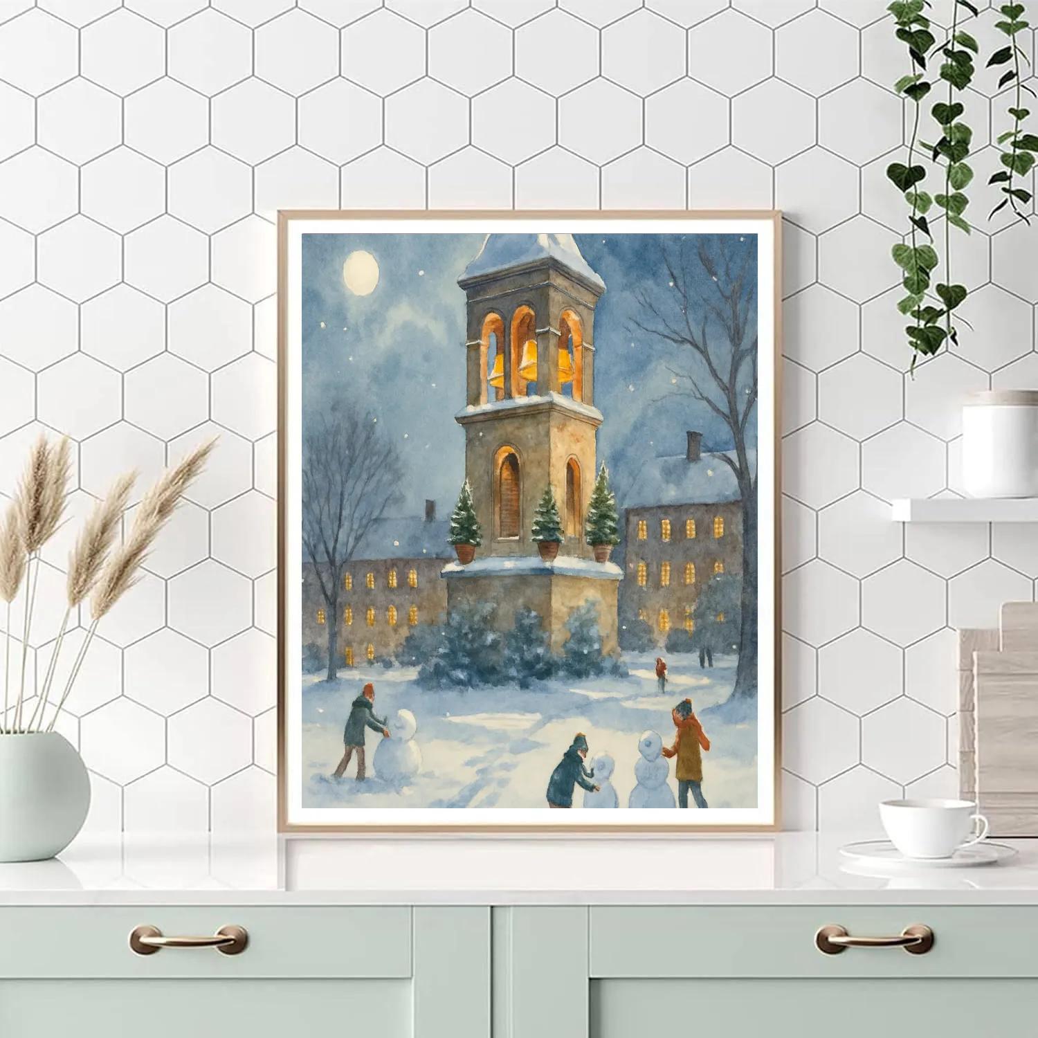 Snowy Bell Tower Over University Green Painting by numbers kit