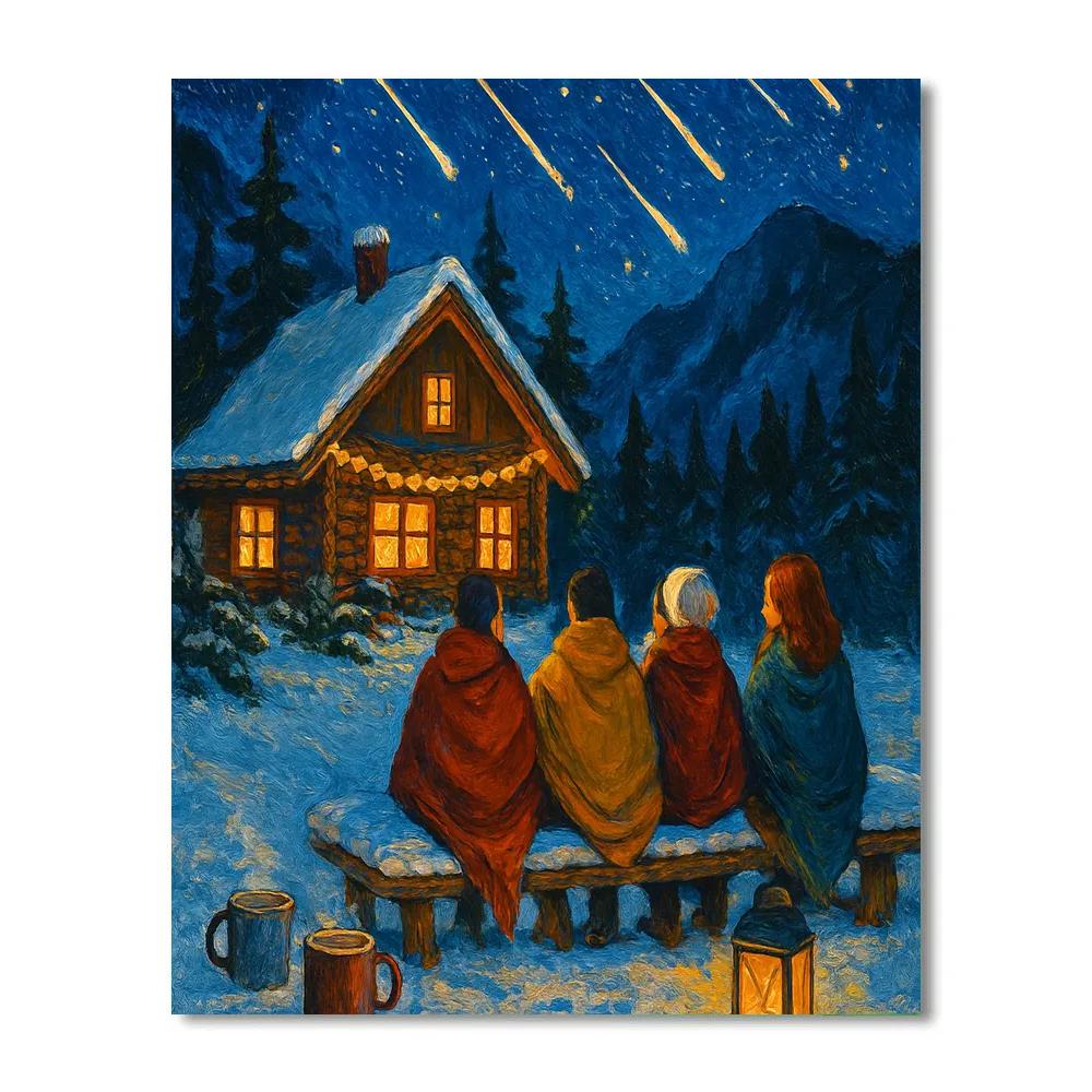 Christmas Mountain Cabin Star Party paint by numbers