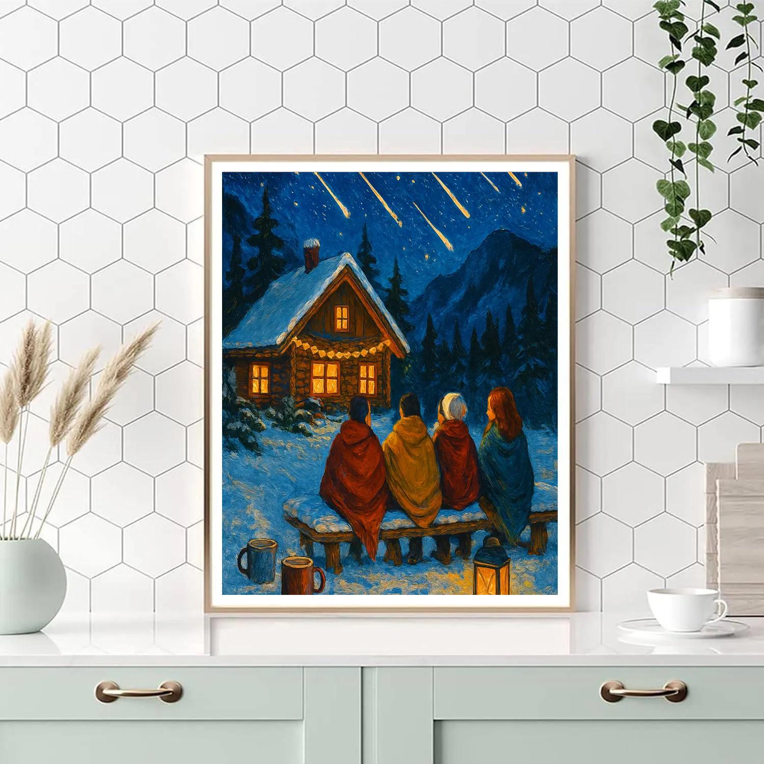 Christmas Mountain Cabin Star Party paint by numbers