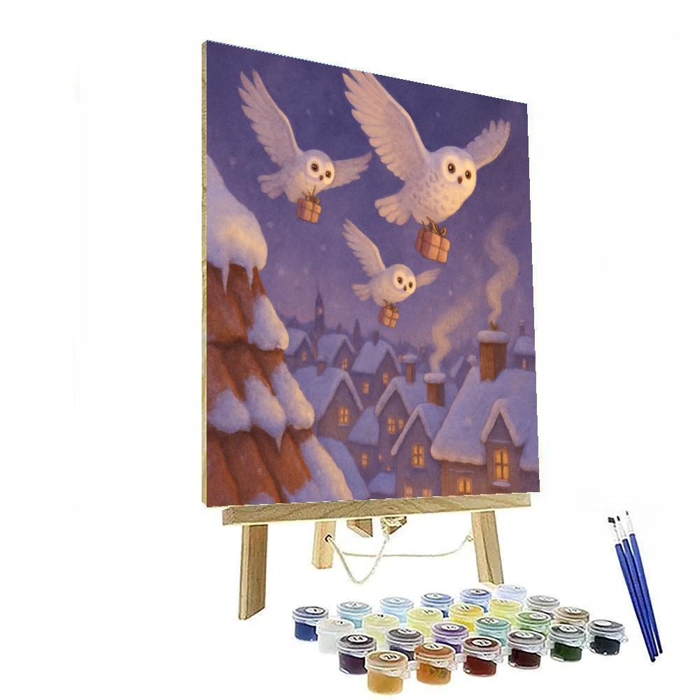 Snow Owl Couriers Over City Rooftops paint by color