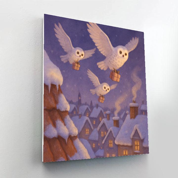 Snow Owl Couriers Over City Rooftops paint by color