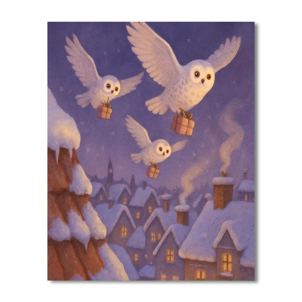 Snow Owl Couriers Over City Rooftops paint by color