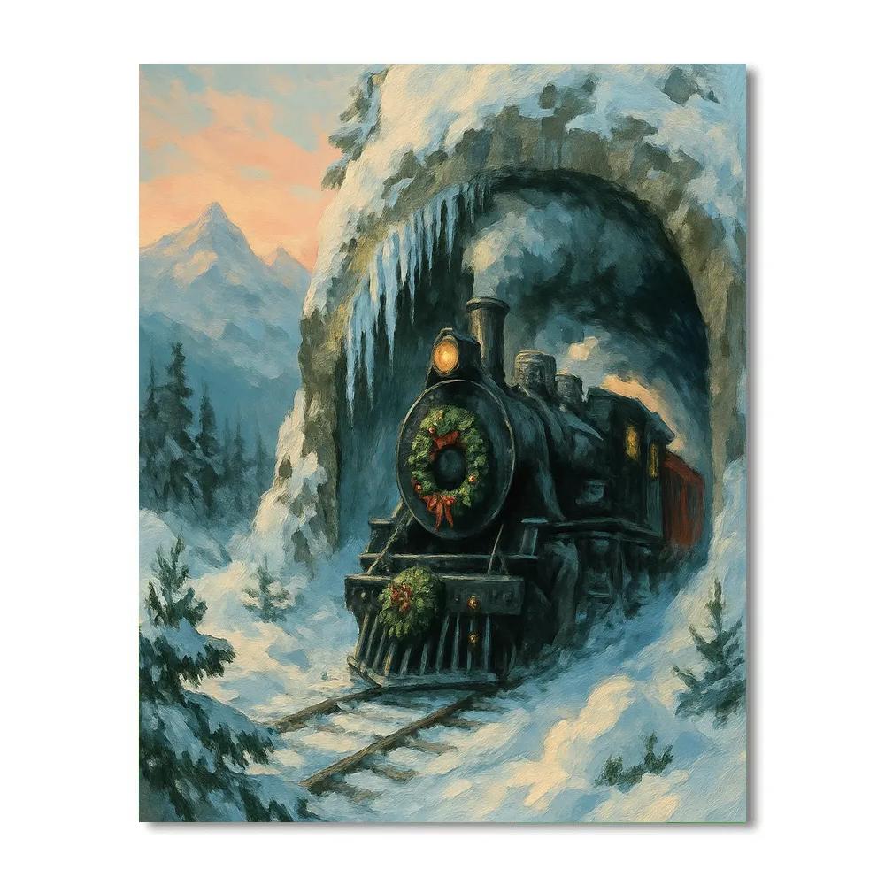 Snowy Mountain Christmas Train Tunnel DIY paint by numbers