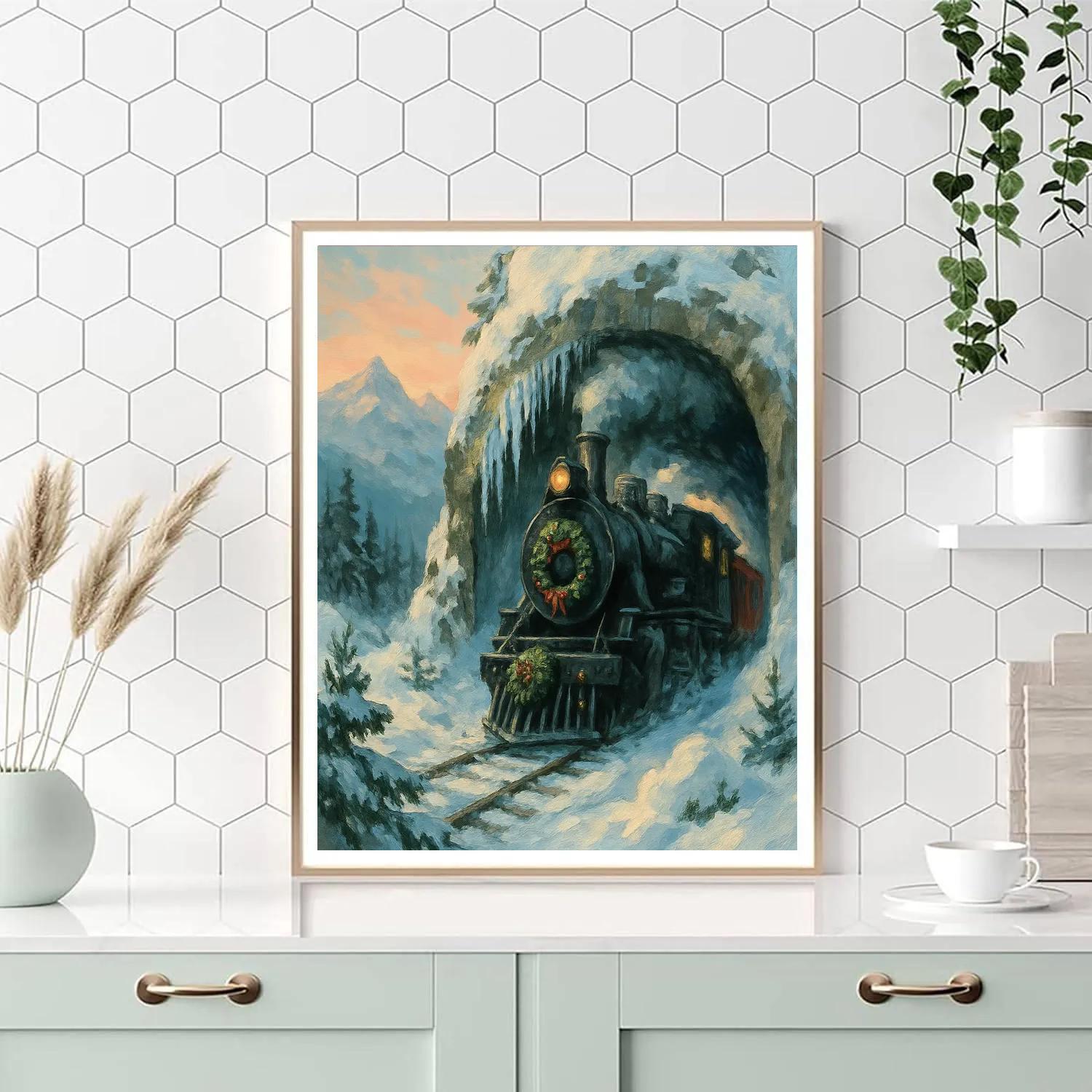 Snowy Mountain Christmas Train Tunnel DIY paint by numbers