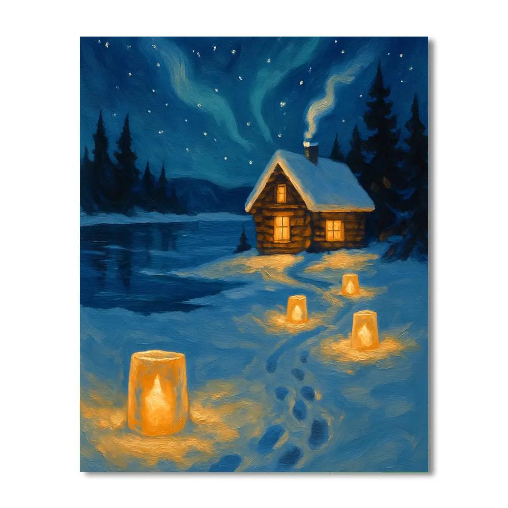 Christmas Lake Cabin Ice Lantern Path paint by color