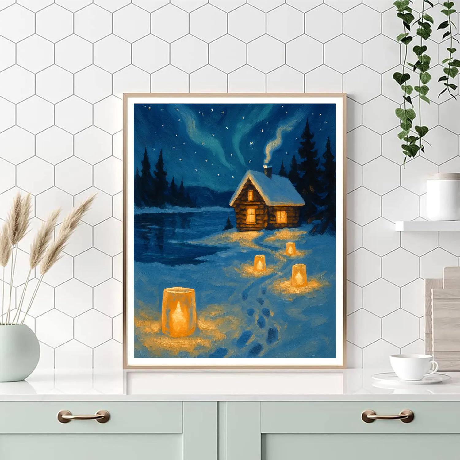 Christmas Lake Cabin Ice Lantern Path paint by color