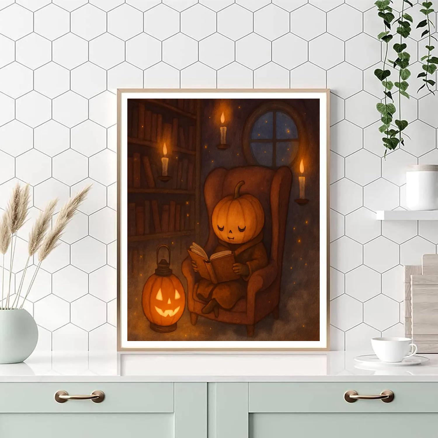 Pumpkin Lantern Library Night painting number kit