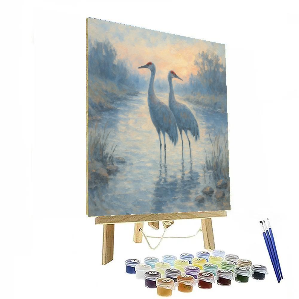 Misty River Cranes At Dawn paint by numbers