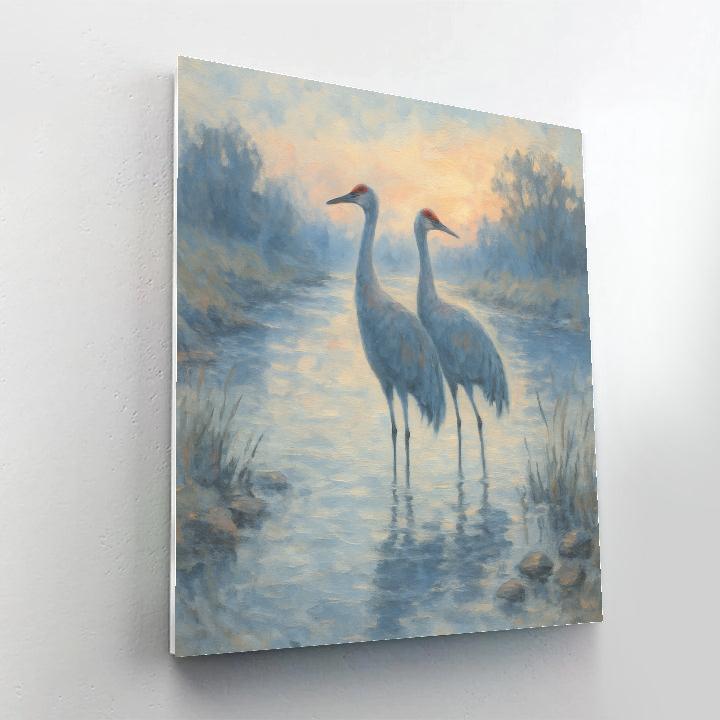 Misty River Cranes At Dawn paint by numbers