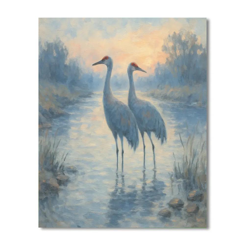 Misty River Cranes At Dawn paint by numbers