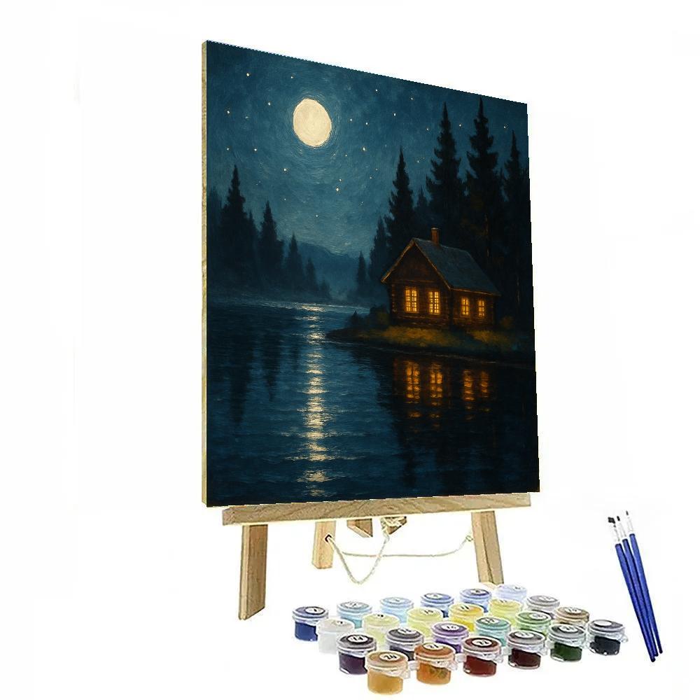 Moonlit Cabin Mirror Lake paint by numbers