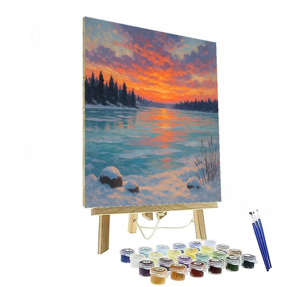 Frozen Lake With Ember Sky Paint by numbers art