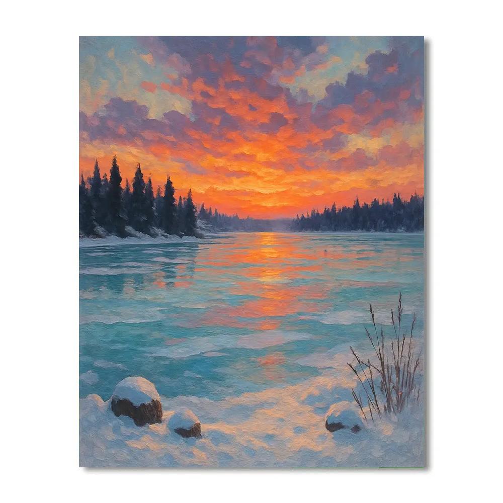 Frozen Lake With Ember Sky Paint by numbers art