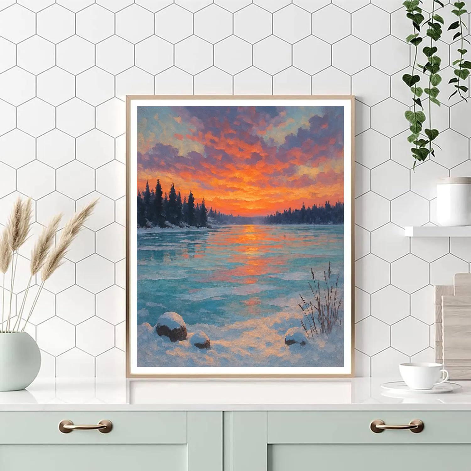 Frozen Lake With Ember Sky Paint by numbers art