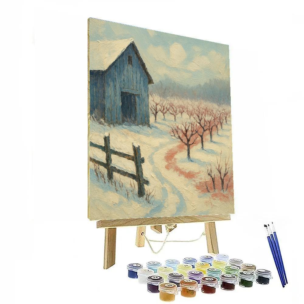 Snowy Orchard And Blue Barn Paint by numbers art