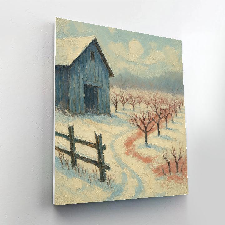 Snowy Orchard And Blue Barn Paint by numbers art