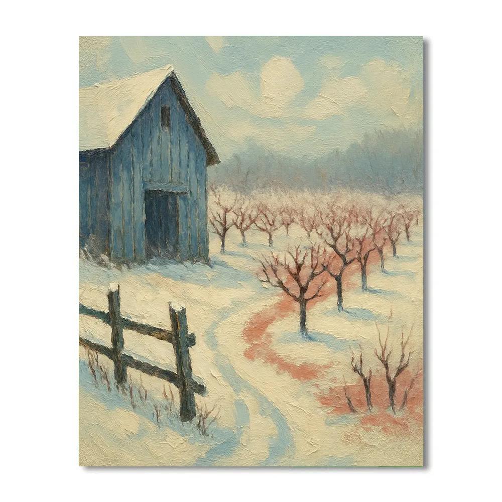 Snowy Orchard And Blue Barn Paint by numbers art
